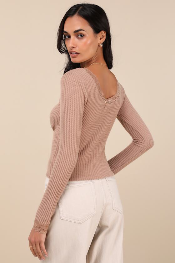 Lulus Effortless Pick Tan Lace Waffle Knit Long Sleeve Top In Tan