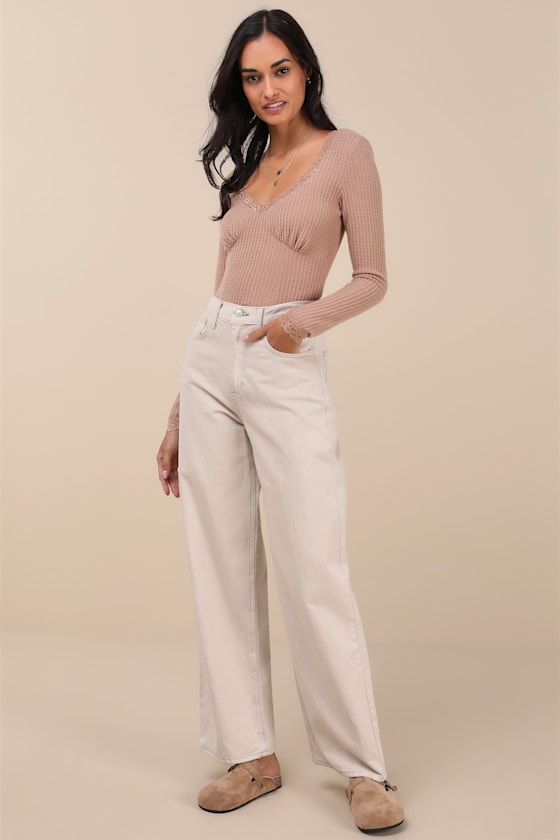 Lulus Effortless Pick Tan Lace Waffle Knit Long Sleeve Top In Tan