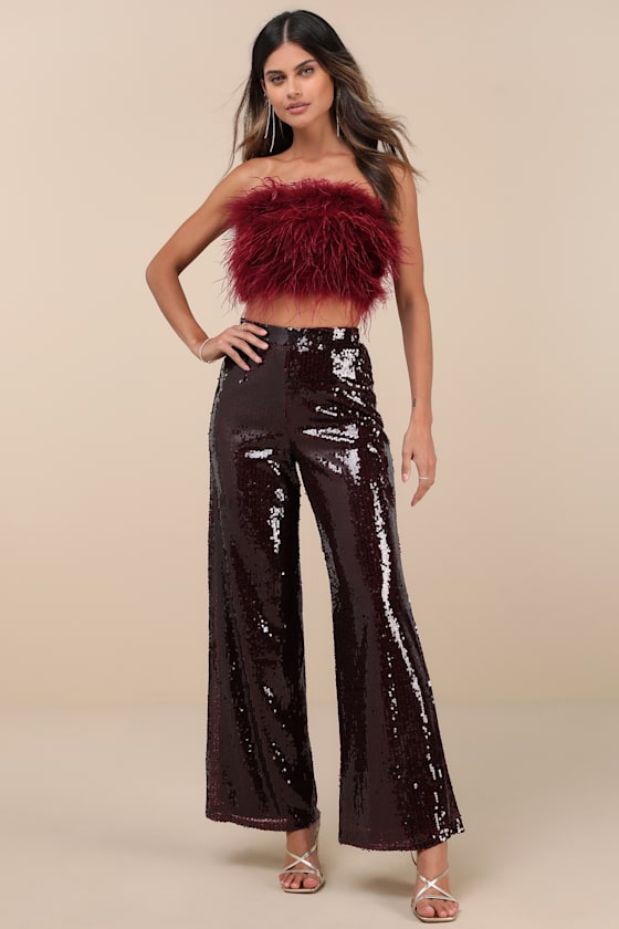 Lulus Celebrity Shine Burgundy Feather Sequin Two-piece Jumpsuit In Burgundy