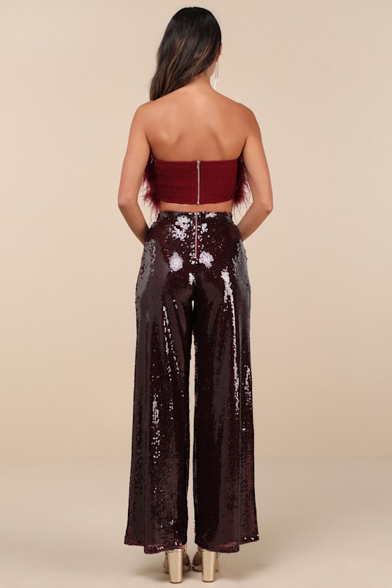 Lulus Celebrity Shine Burgundy Feather Sequin Two-piece Jumpsuit In Burgundy