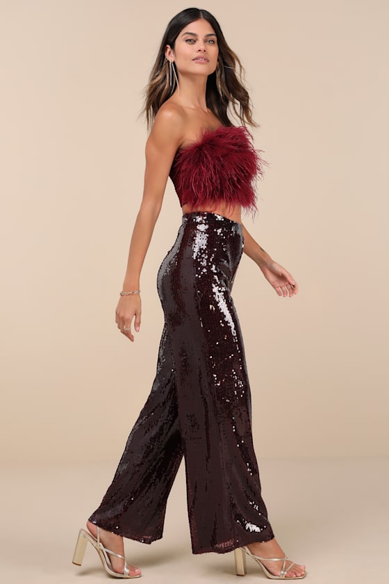Lulus Celebrity Shine Burgundy Feather Sequin Two-piece Jumpsuit In Burgundy