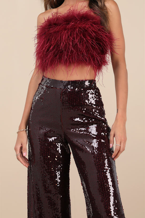 Lulus Celebrity Shine Burgundy Feather Sequin Two-piece Jumpsuit In Burgundy