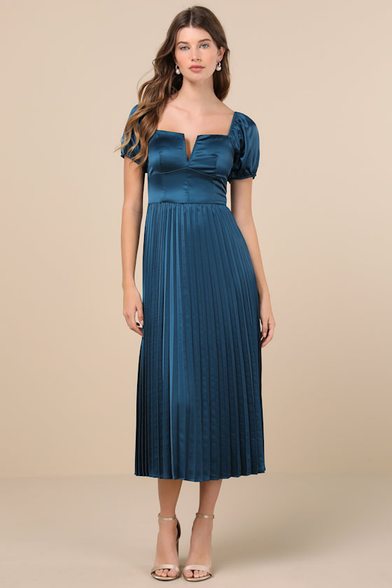 Image of Flawless Forever Teal Satin Pleated Midi Dress