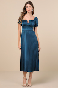 Flawless Forever Teal Satin Pleated Midi Dress 2