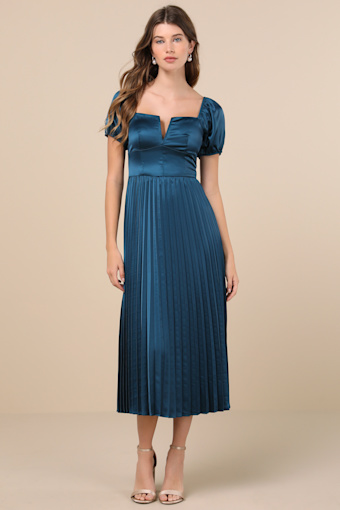 Flawless Forever Teal Satin Pleated Midi Dress 2