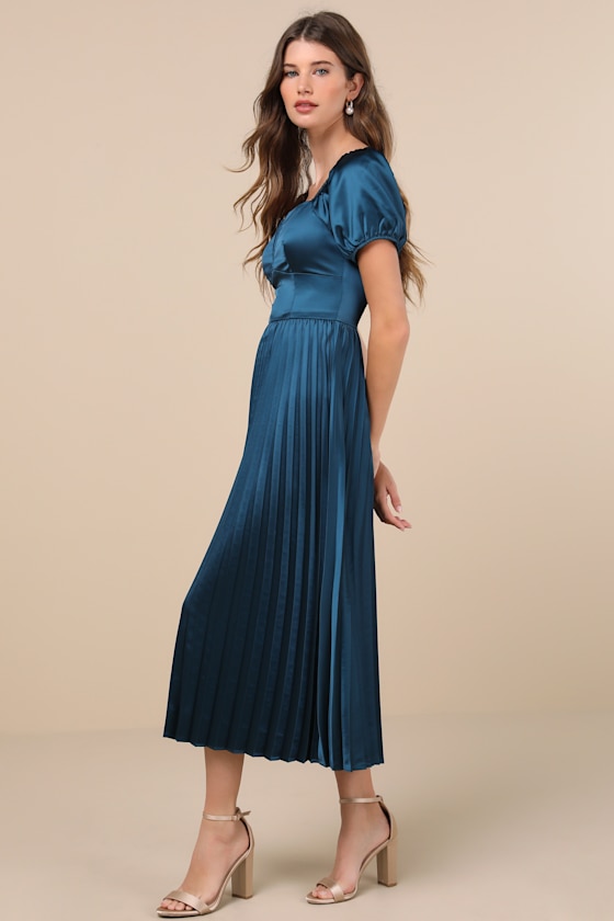 Lulus Flawless Forever Teal Satin Pleated Midi Dress In Teal