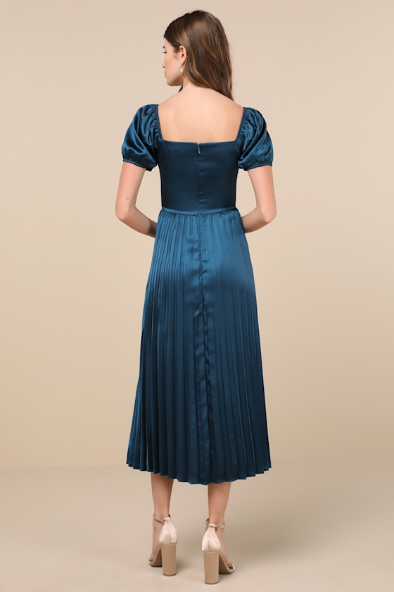Lulus Flawless Forever Teal Satin Pleated Midi Dress In Teal