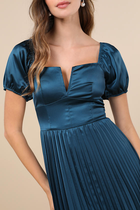 Lulus Flawless Forever Teal Satin Pleated Midi Dress In Teal