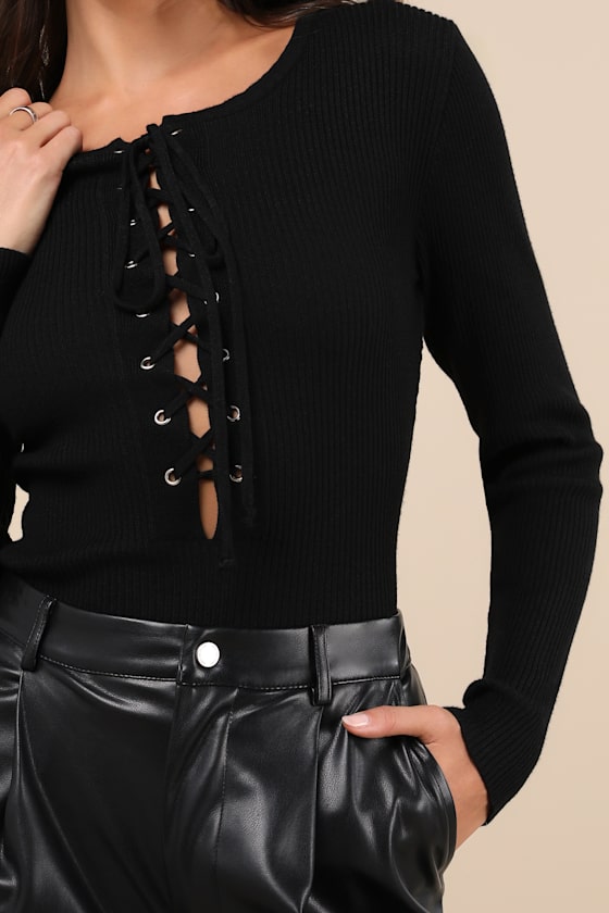 Lulus Intriguing Favorite Black Lace-up Sweater Top In Black