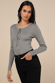 Intriguing Favorite Olive Lace-Up Sweater Top 3