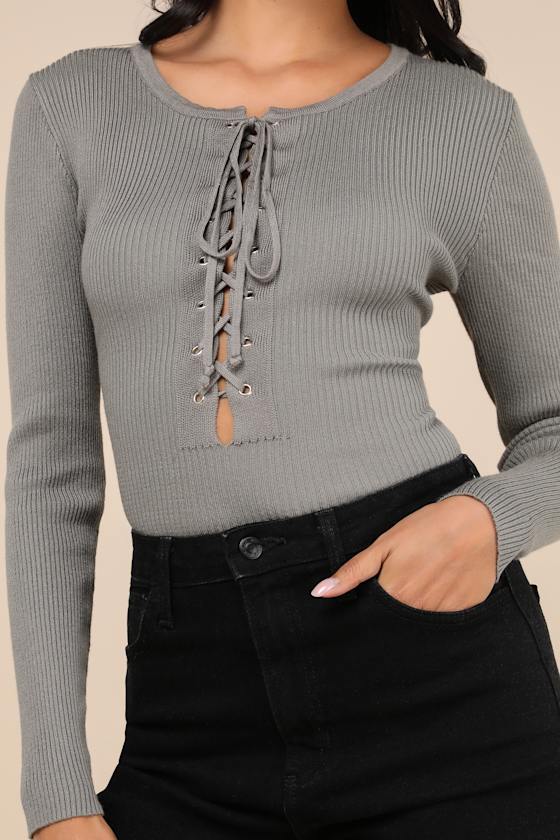 Lulus Intriguing Favorite Olive Lace-up Sweater Top In Green