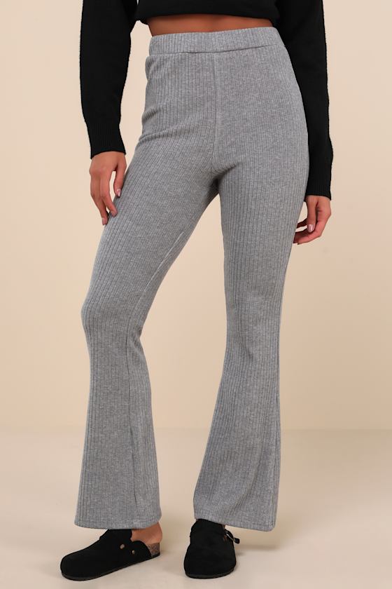 Unmatched Comfort Heather Grey Ribbed Knit Flare Pants 1