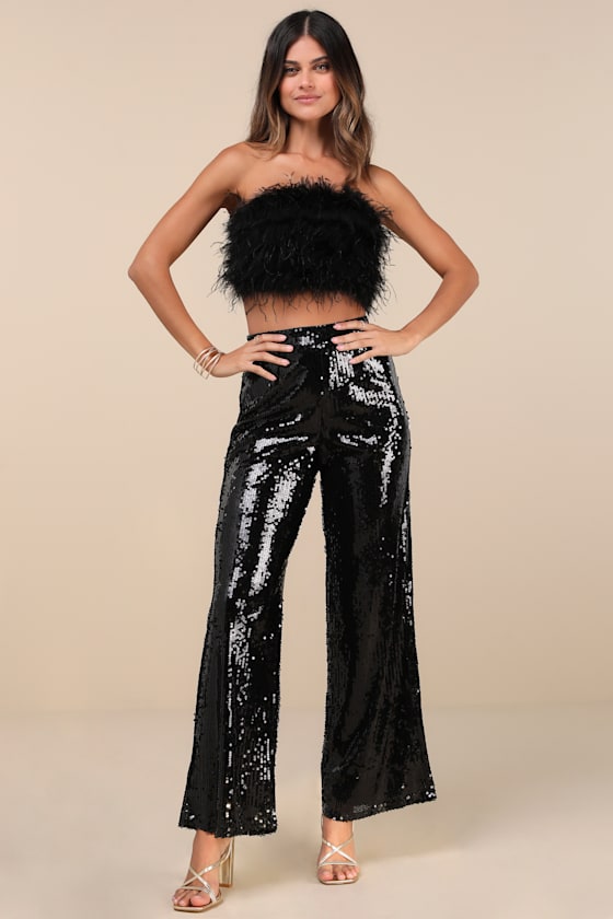 Lulus Celebrity Shine Black Feather Sequin Two-piece Jumpsuit In Black