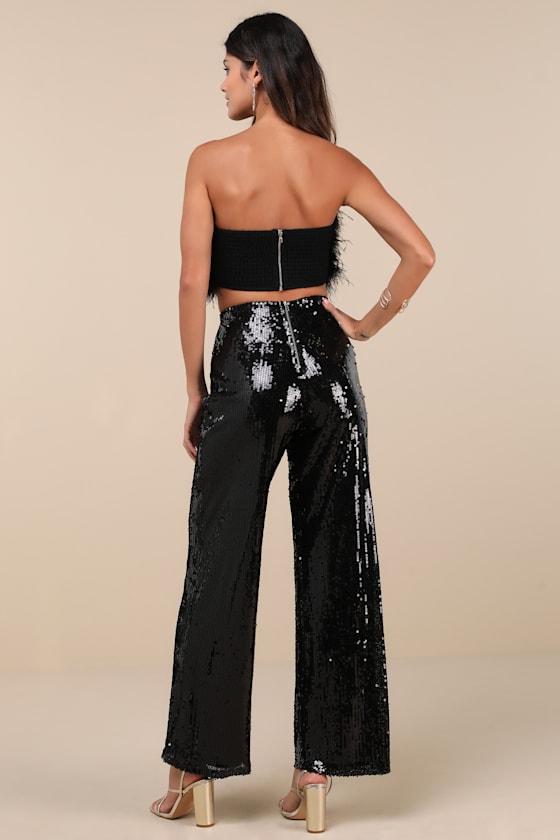 Lulus Celebrity Shine Black Feather Sequin Two-piece Jumpsuit In Black