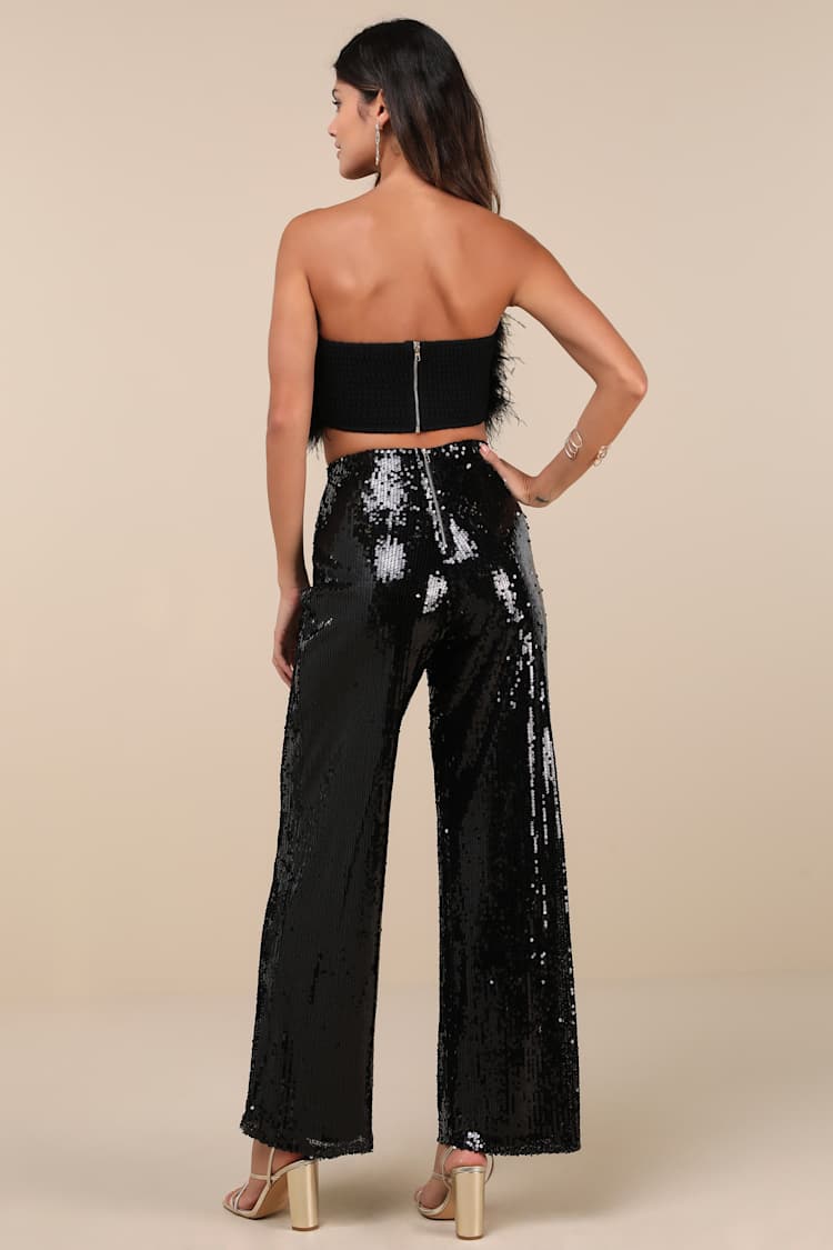 Celebrity Shine Black Feather Sequin Two-Piece Jumpsuit