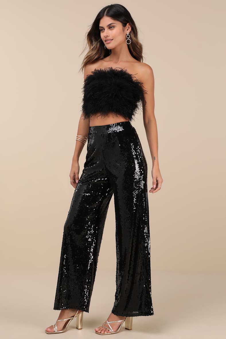 Celebrity Shine Black Feather Sequin Two-Piece Jumpsuit