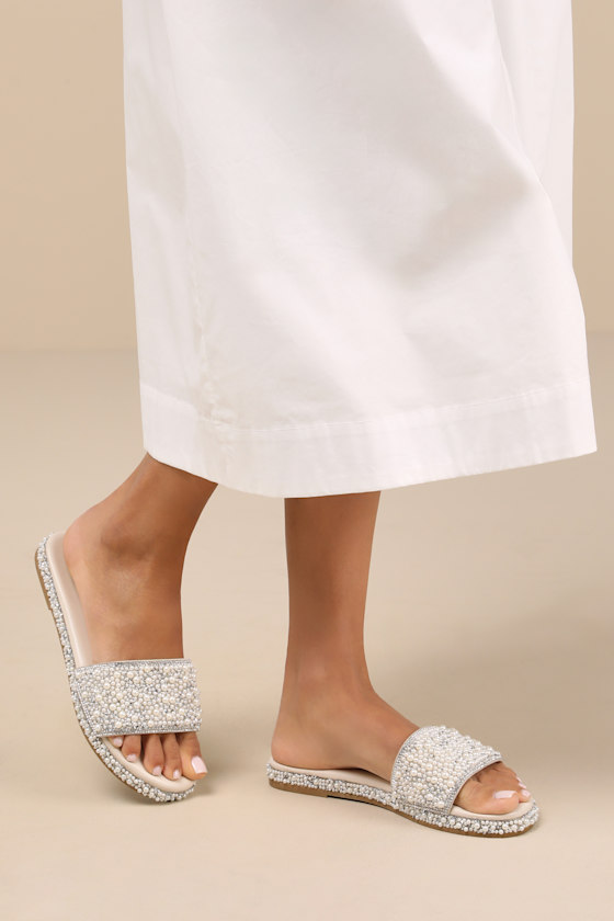 Lulus Capricia Ivory Pearl Rhinestone Slide Sandals In Ivory