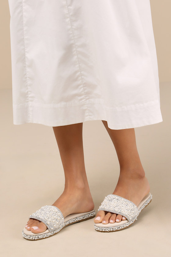 Lulus Capricia Ivory Pearl Rhinestone Slide Sandals In Ivory