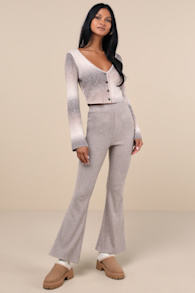 Unmatched Comfort Heathered Taupe Ribbed Knit Flare Pants 3