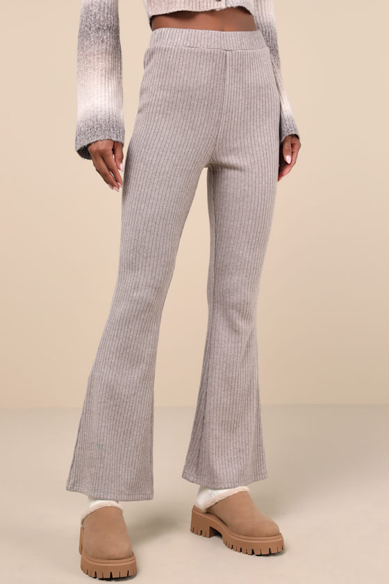 Lulus Unmatched Comfort Heathered Taupe Ribbed Knit Flare Pants In Taupe