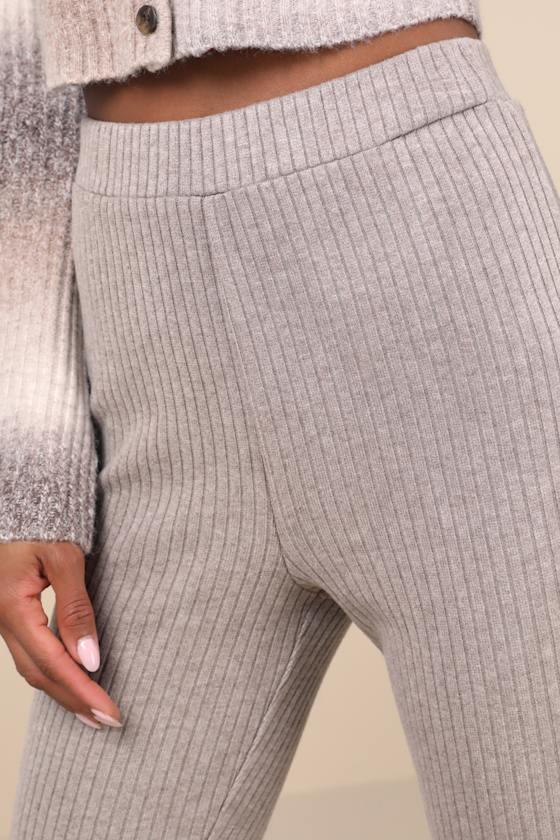 Lulus Unmatched Comfort Heathered Taupe Ribbed Knit Flare Pants In Taupe