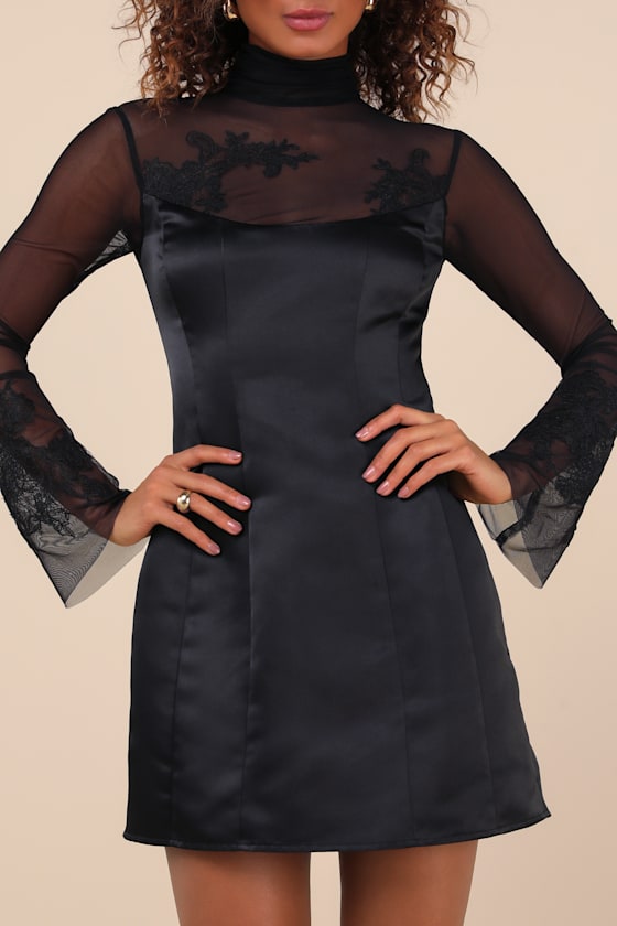 Lulus Exceptional Muse Black Satin Mock Neck Mini Dress In Black
