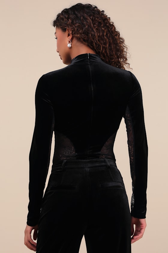 Lulus Irreplaceable Appeal Black Velvet Lace Mock Neck Bodysuit In Black