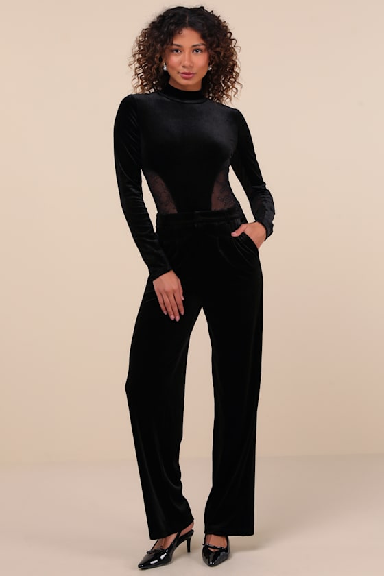 Lulus Irreplaceable Appeal Black Velvet Lace Mock Neck Bodysuit In Black