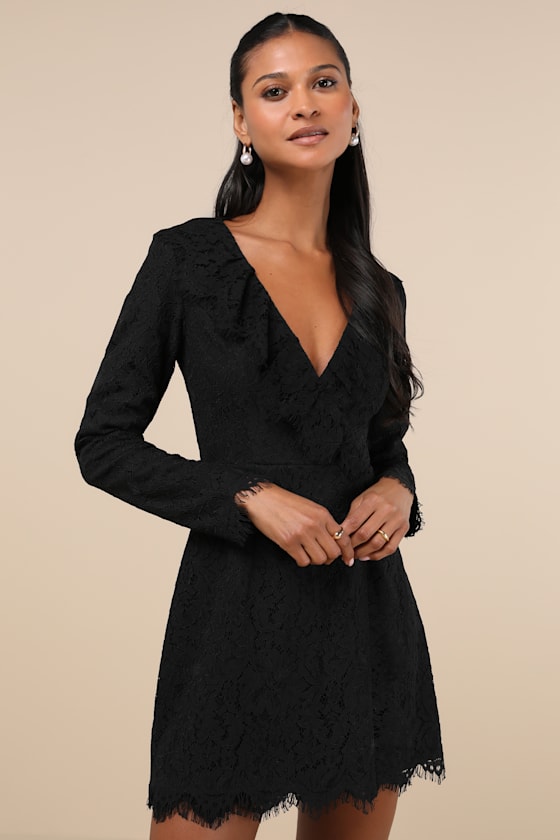 Memorably Romantic Black Lace Long Sleeve Mini Dress