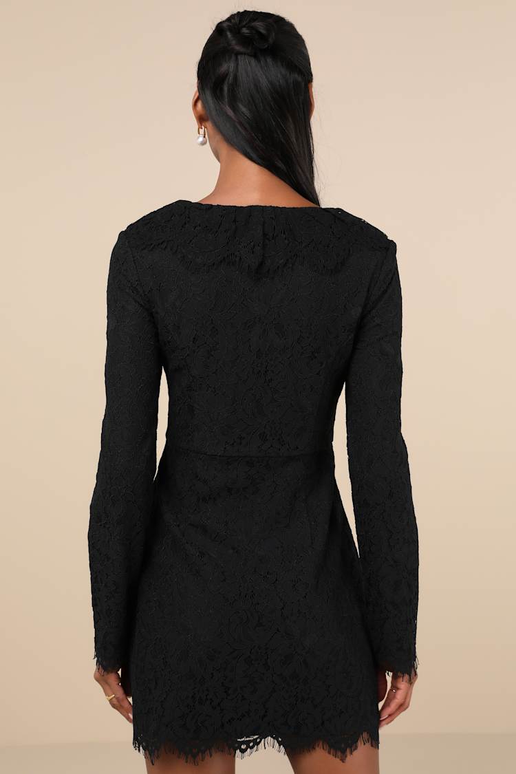 Memorably Romantic Black Lace Long Sleeve Mini Dress