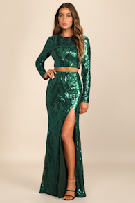Luxe Aesthetic Green Sequin Long Sleeve Two-Piece Maxi Dress 1