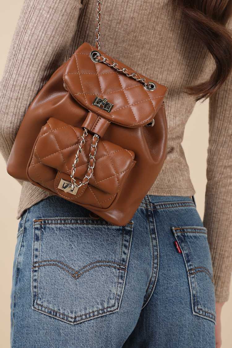 Tan Quilted Leather Backpack Amazon.com: KKXIU Quilted Trendy Leather Backpack Purse for  main image 3