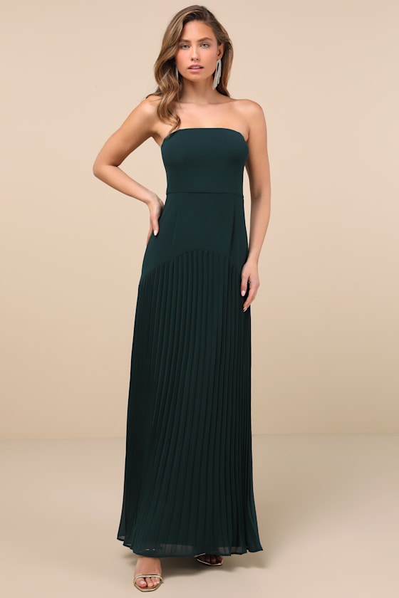 Celebratory Aesthetic Emerald Pleated Strapless Maxi Dress 3