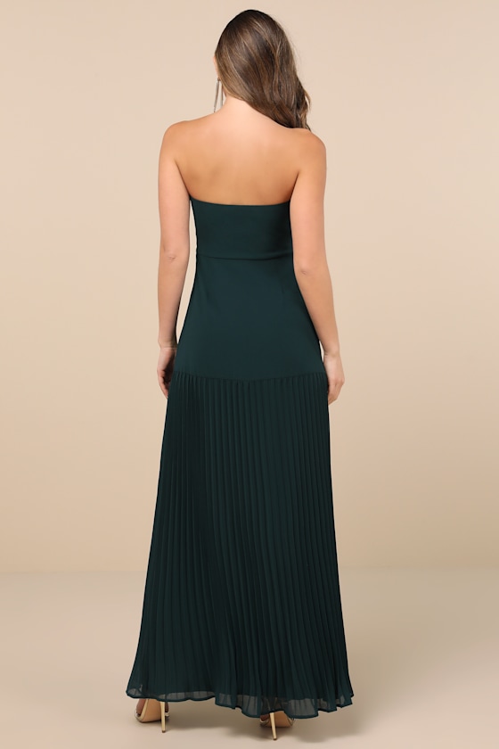 Strapless Sweetheart Pleated A-Line Maxi Dress with High Slit Emerald