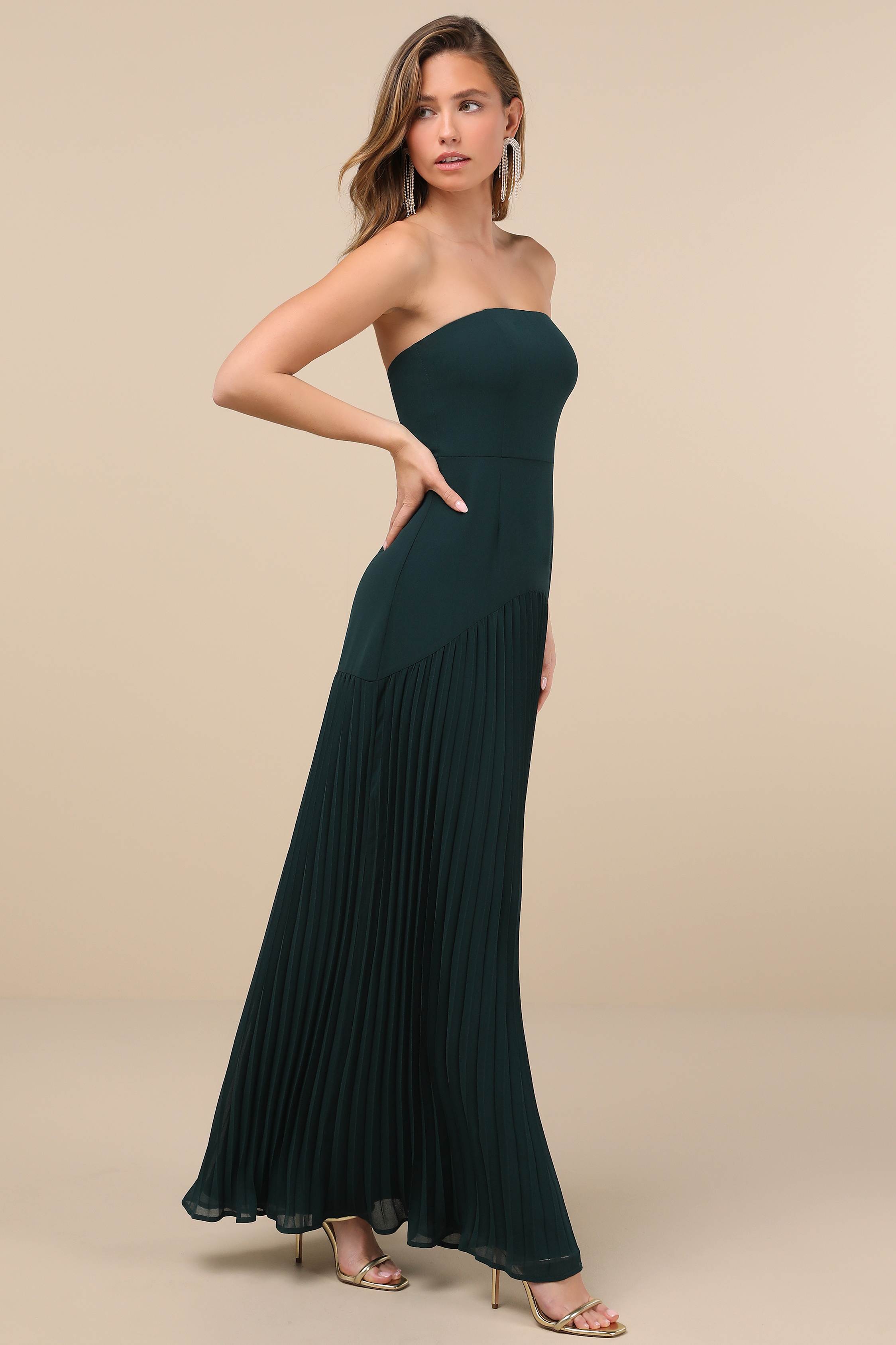 Celebratory Aesthetic Emerald Pleated Strapless Maxi Dress