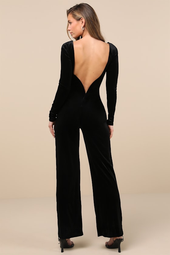 Lulus Instant Stunner Black Velvet Backless Jumpsuit In Black