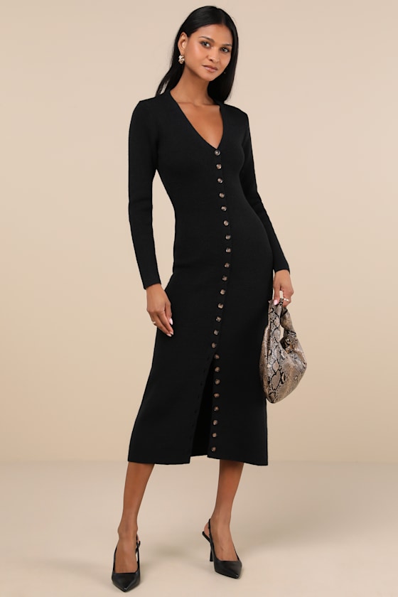 Lulus Cold Weather Crush Black Button-up Sweater Midi Dress In Black