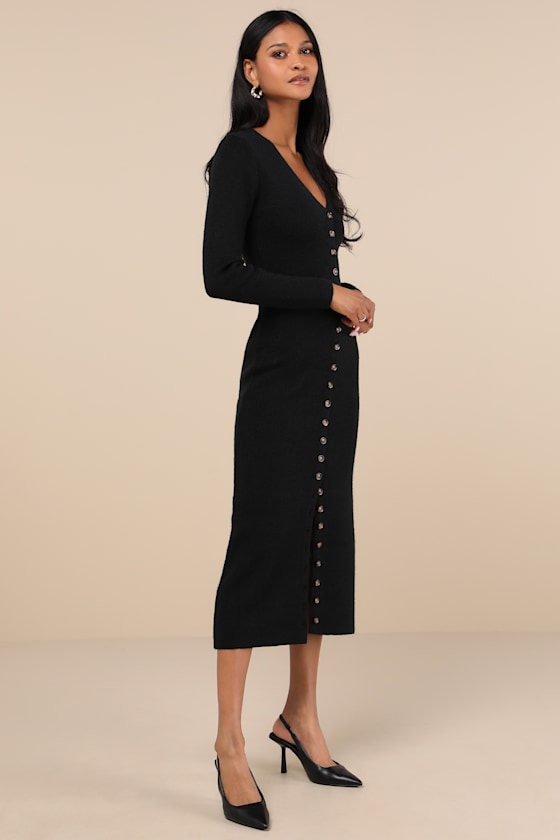 Lulus Cold Weather Crush Black Button-up Sweater Midi Dress In Black