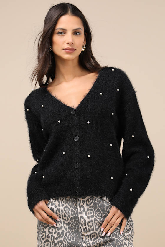 Chic Comforts Black Eyelash Knit Pearl Cardigan 5