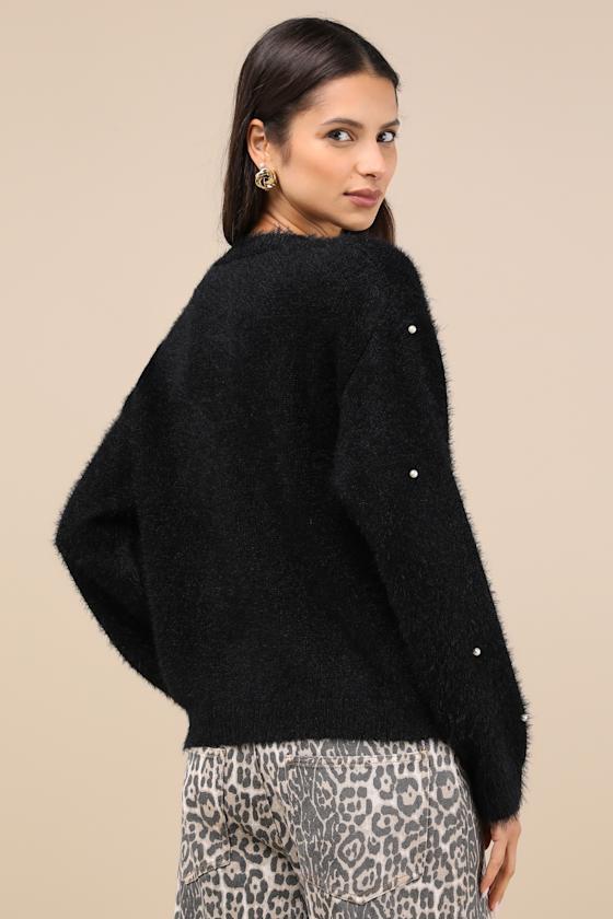 Lulus Chic Comforts Black Eyelash Knit Pearl Cardigan In Black