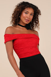 Sultry Whimsy Red Lace Off-the-Shoulder Bodysuit 5
