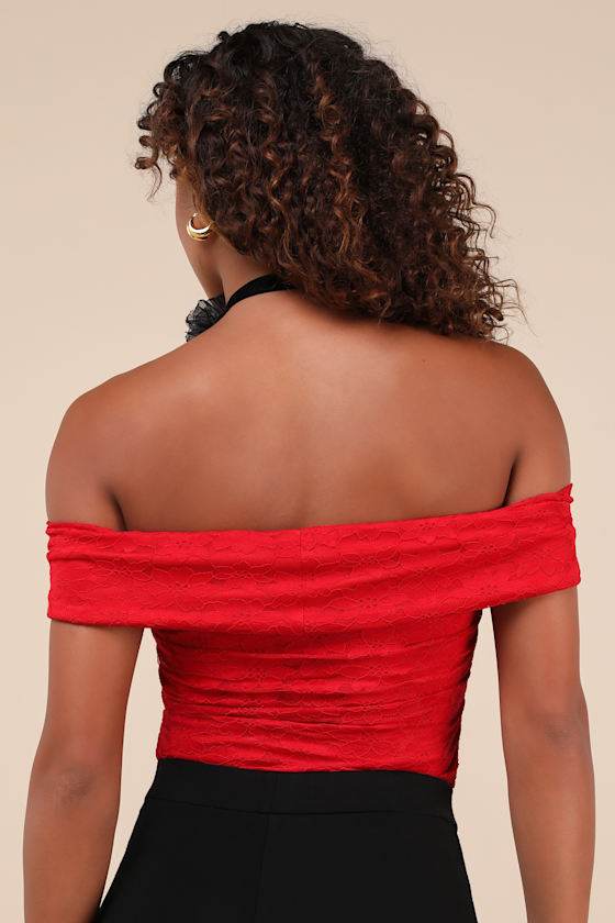 Lulus Sultry Whimsy Red Lace Off-the-shoulder Bodysuit In Red