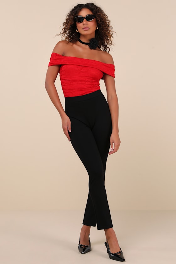 Lulus Sultry Whimsy Red Lace Off-the-shoulder Bodysuit In Red
