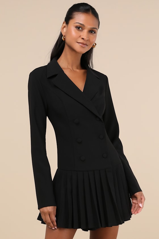 Posh Vision Black Long Sleeve Blazer Pleated Mini Dress 1