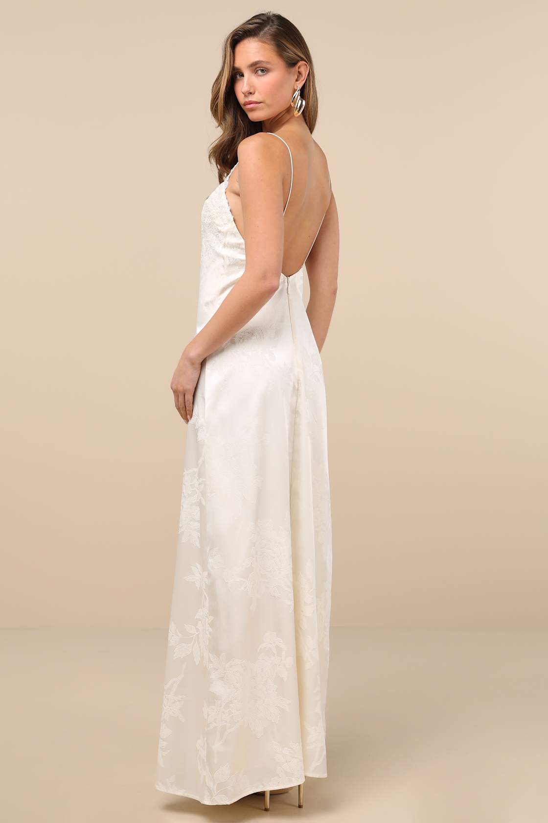 Whimsical Radiance Cream Satin Embroidered Maxi Dress
