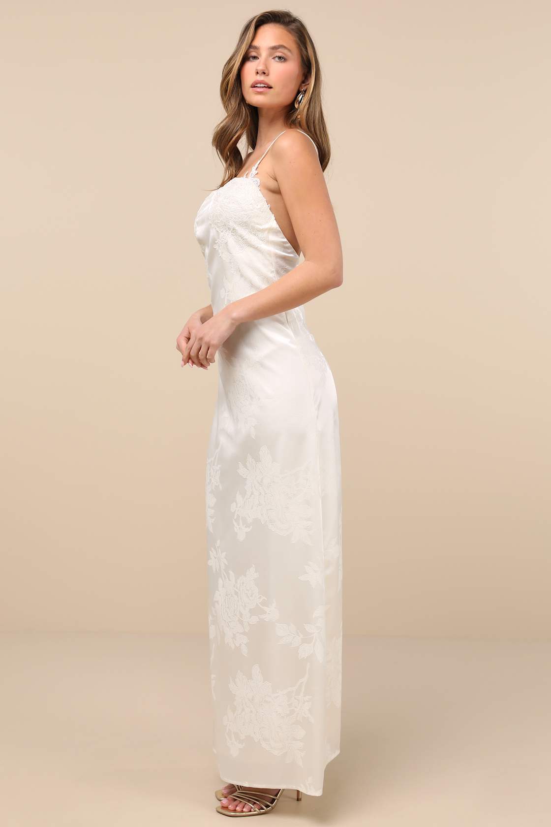 Whimsical Radiance Cream Satin Embroidered Maxi Dress