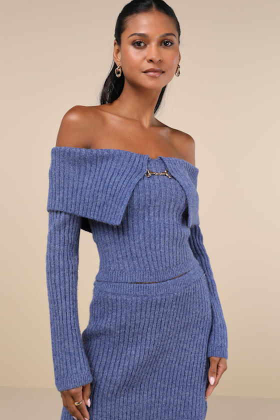 Lulus Charismatic Sense Heathered Blue Off-the-shoulder Sweater Top In Blue