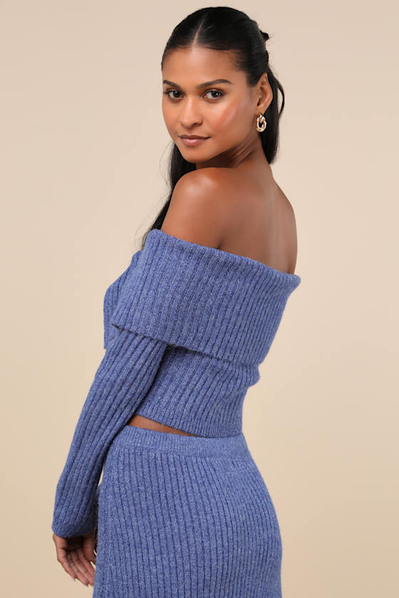 Lulus Charismatic Sense Heathered Blue Off-the-shoulder Sweater Top In Blue
