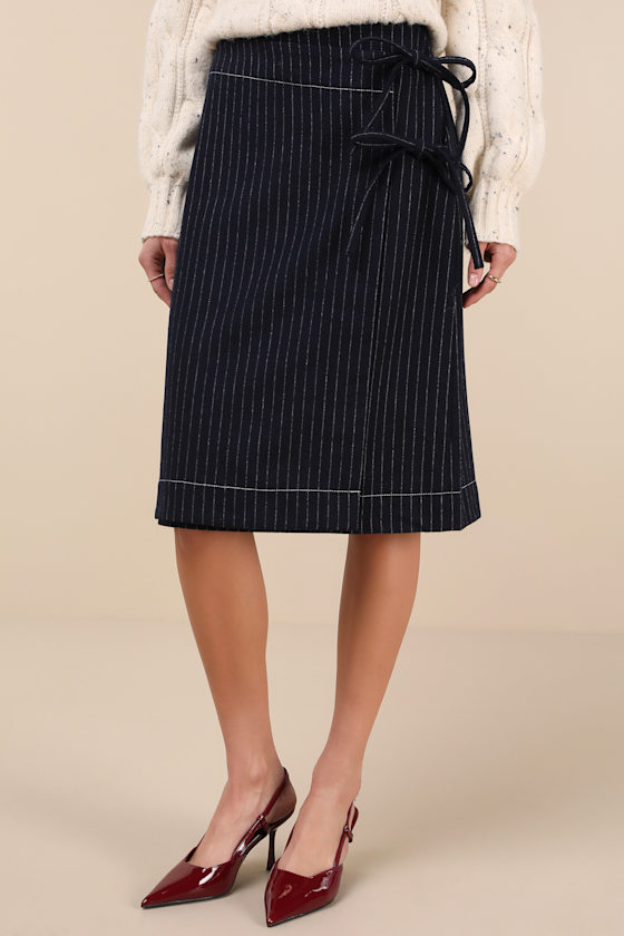 Hosbjerg Aps Rasmina Dark Blue Pinstripe Wool-blend Faux-wrap Midi Skirt In Dark Blue