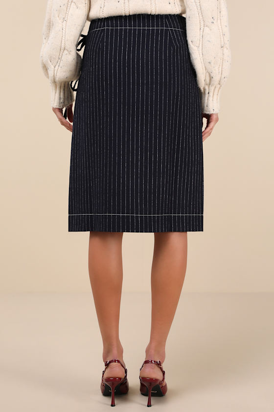 Hosbjerg Aps Rasmina Dark Blue Pinstripe Wool-blend Faux-wrap Midi Skirt In Dark Blue